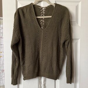 En Creme Olive Green Sweater with Lace-Up Back